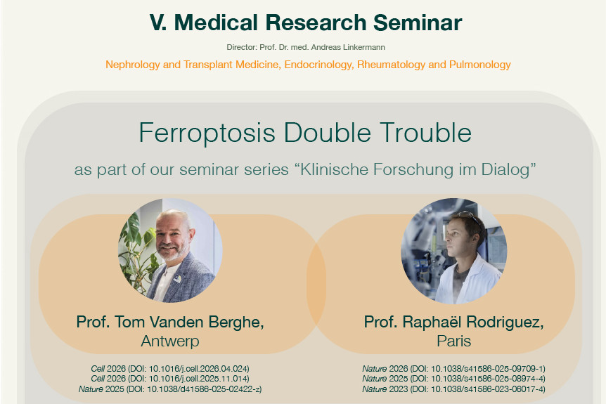 Poster advertising the medical seminar “Ferroptosis Double Trouble” at University Medical Center Mannheim, featuring speakers Prof. Tom Vanden Berghe (Antwerp) and Prof. Raphaël Rodriguez (Paris). Event: 21 May 2026, 5:30–7:30 PM, at UMM Mannheim and online, with a ferroptosis pathway illustration and institutional logos."