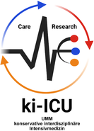 Logo mit stilisierter Herzfrequenzlinie, die in drei farbige Punkte (rot, blau, orange) übergeht, umgeben von drei Pfeilen in Blau, Rot und Orange, darüber die Worte 'Care' und 'Research', darunter der Schriftzug 'ki-ICU UMM konservative interdisziplinäre Intensivmedizin'