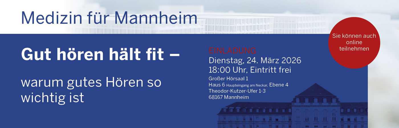 Gafik mit blauem Hintergrund und weißem Schriftzug: Vortrag „Gut hören hält fit“, 24.3.2026 Mannheim