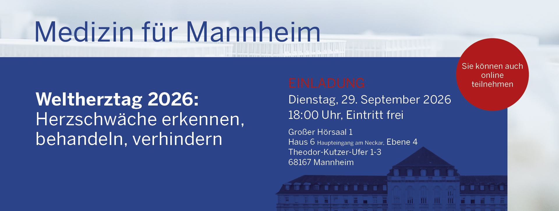 Banner mit Text zu Weltherrztag 2026 in Mannheim mit Veranstaltungshinweis und Bild eines Gebäudes im Hintergrund